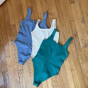 OQQ Ribbed Square Neck Bodysuits in Teal, Cream & Blue